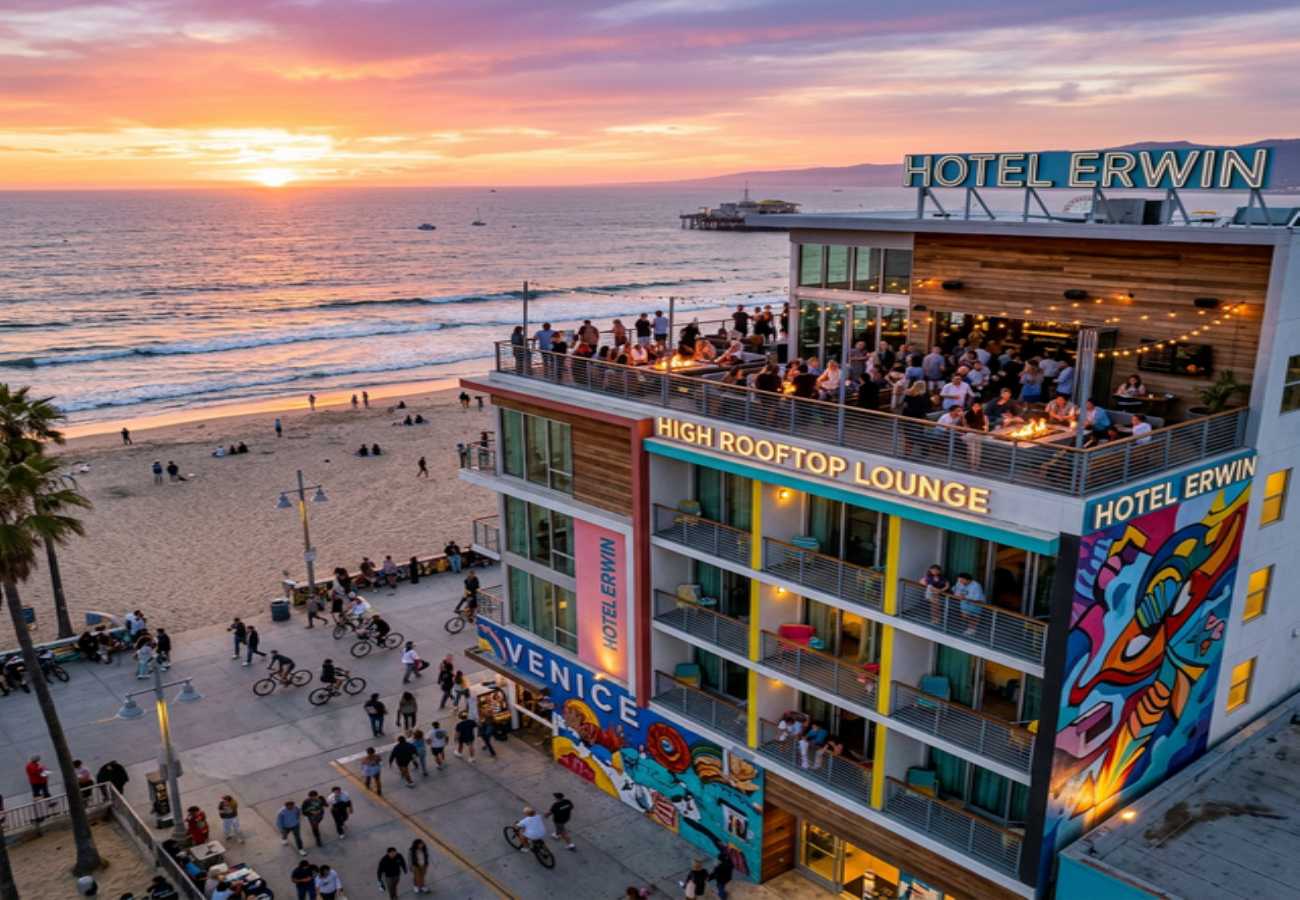 Hotel Erwin Venice Beach — rooftop bar with Pacific Ocean views and surf-inspired boutique design