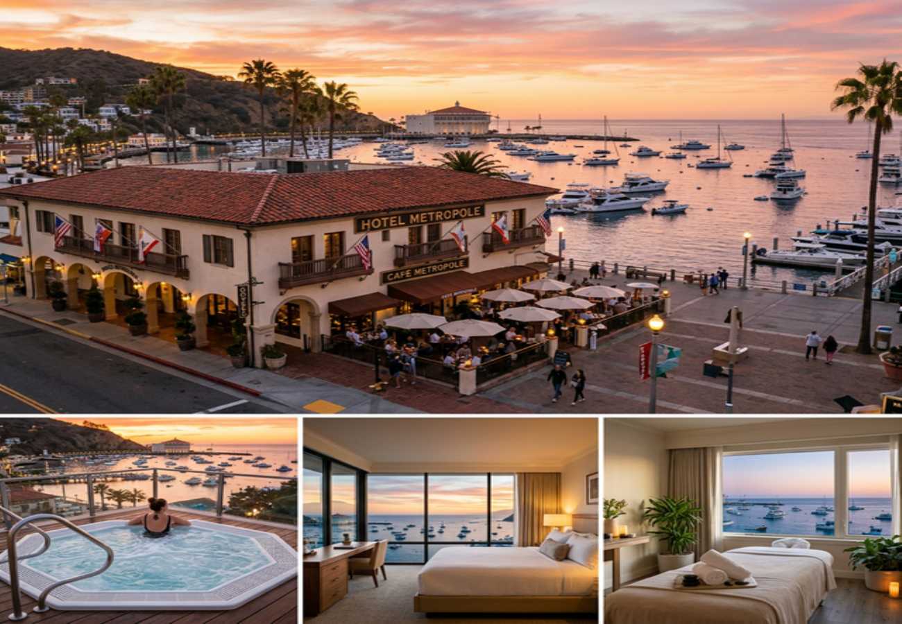 Hotel Metropole, Catalina Island — seafront rooftop terrace with harbor views and hot tub