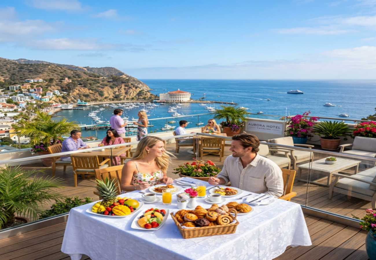 Aurora Hotel, Catalina Island — rooftop breakfast deck with panoramic ocean and town views