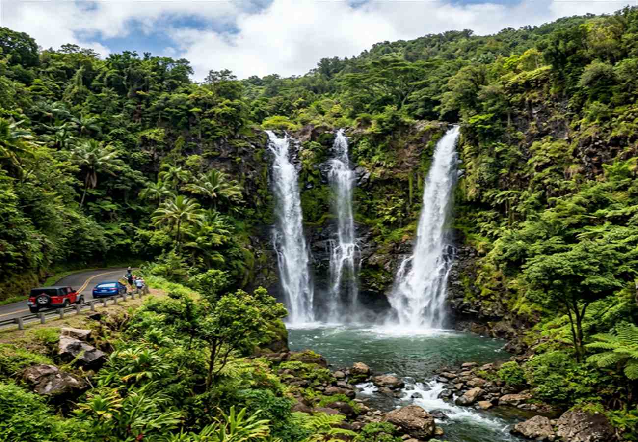 Upper Waikani Three Bears Falls Maui — three-tiered 70-foot roadside waterfall on the Hana Highway