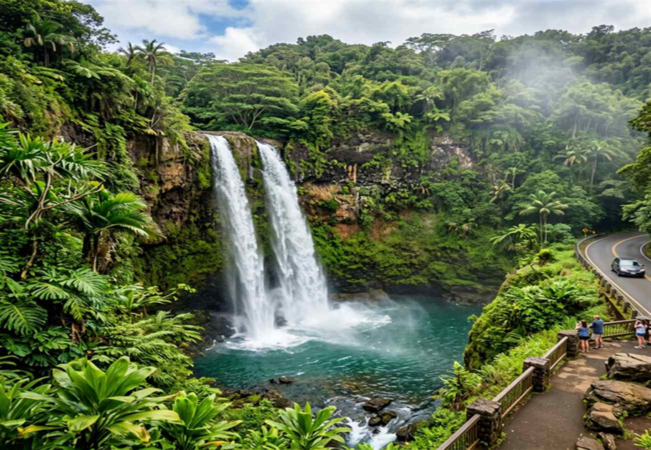 Wailua Falls Maui — iconic 80-foot roadside waterfall past Hana town most photographed on the island