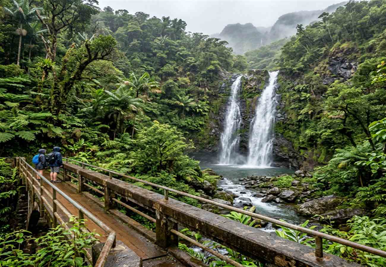 Hanawi Falls Maui — dual cascade waterfall viewed from the Hana Highway bridge over Hanawi Stream