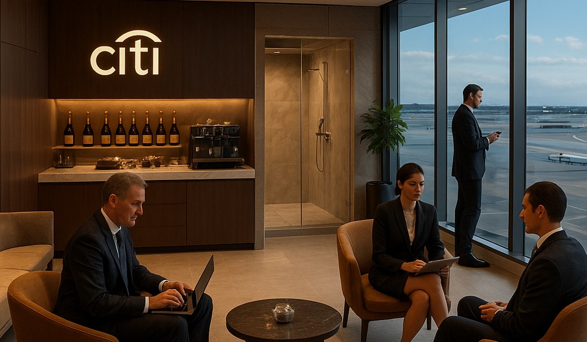 Modern luxury Citi branded Admirals Club lounge with premium seating, Lavazza coffee bar, and floor-to-ceiling airport views