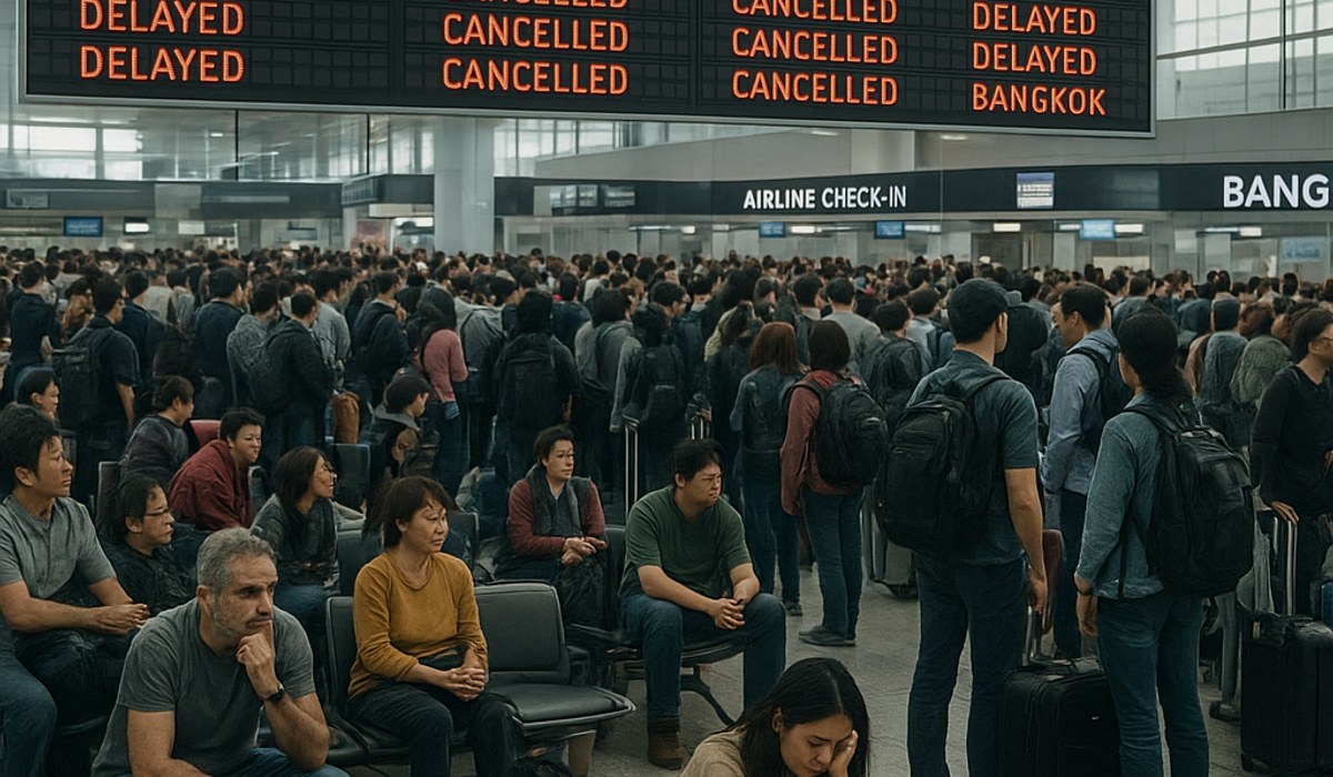 Massive crowds of stranded passengers at Asian airport terminals with departure boards showing hundreds of cancellations, chaos at airline counters in Beijing, Shanghai, Tokyo, Dubai, Bangkok