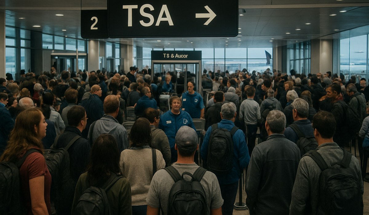 TSA security checkpoint with extended queues at major US airport hub in March 2026