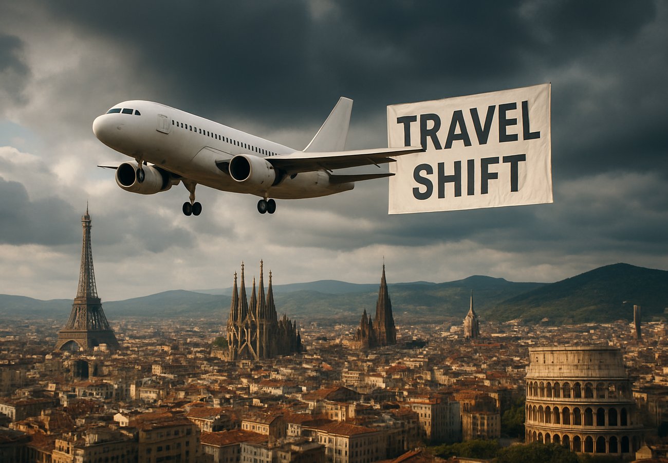 European airline terminal with departures board showing flight status changes due to Iran crisis impact on energy costs and geopolitical tensions affecting Spain, France, Germany, Italy