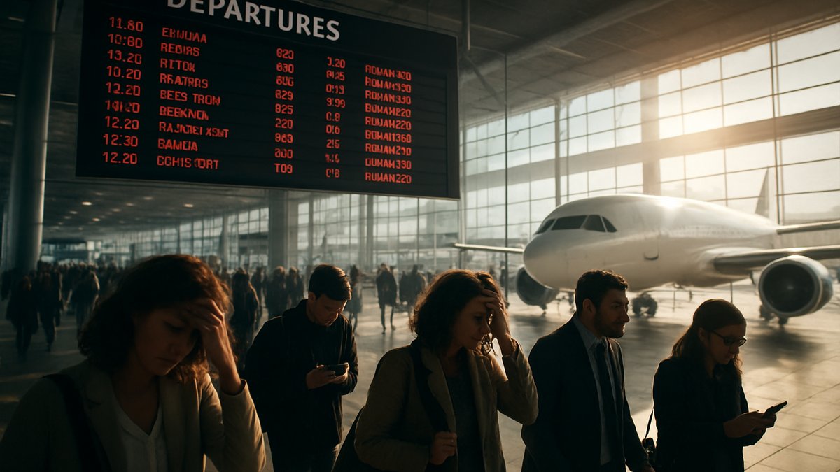Airport terminal with delayed flight information boards showing multiple cancellations and delays