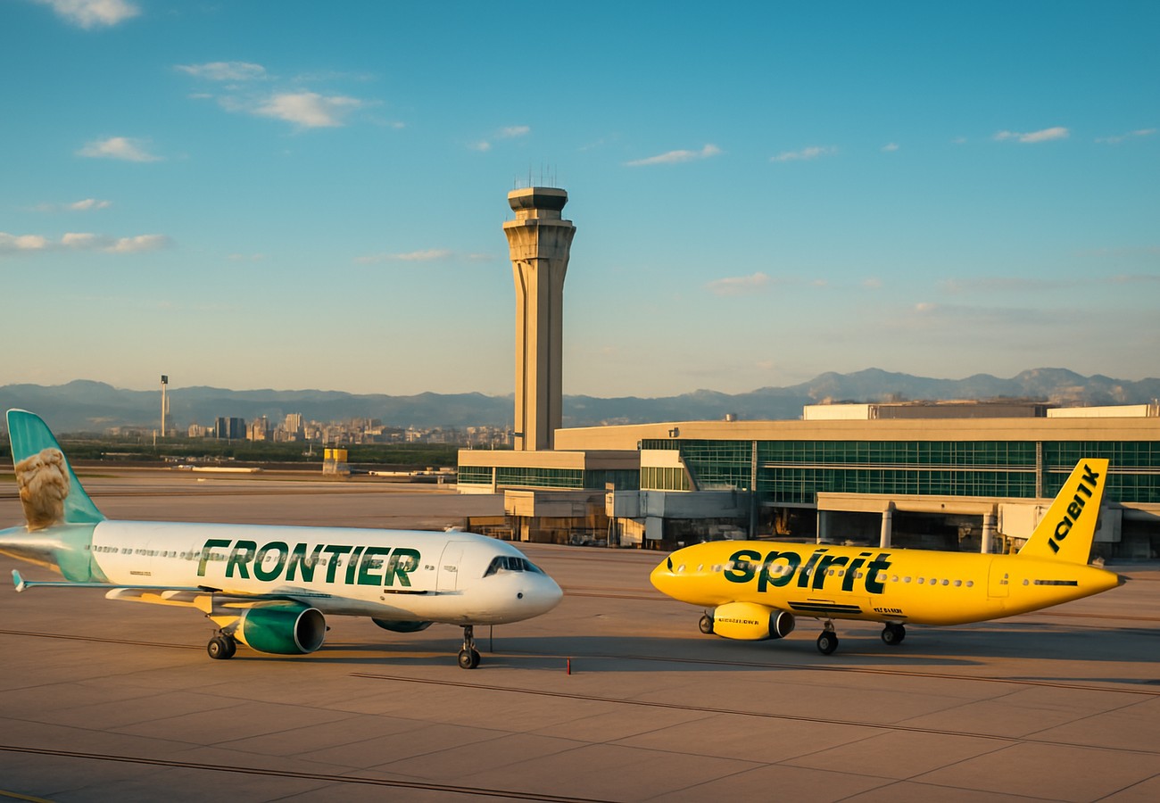 Departure board at Harry Reid International Airport showing flight cancellations and delays for Frontier and Spirit Airlines