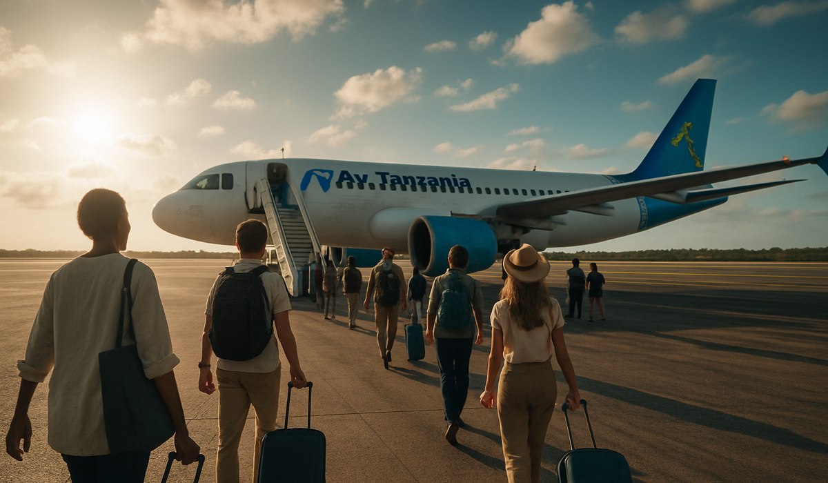 A modern Air Tanzania Boeing 787 approaching Seychelles International Airport over turquoise Indian Ocean waters with lush island terrain visible