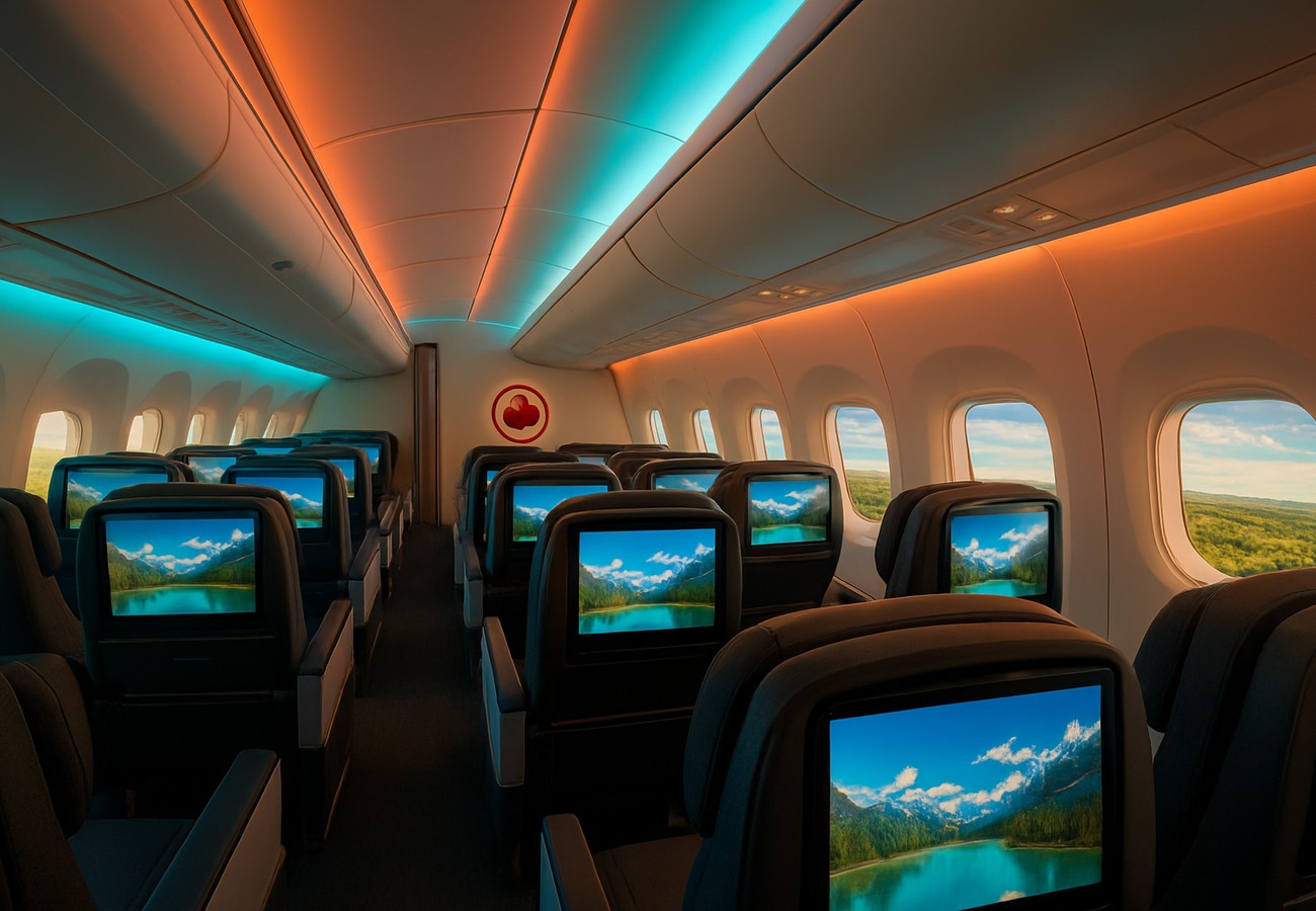 Luxurious Air Canada Signature Class suite with sliding door, lie-flat bed, and 32-inch 4K OLED screen featuring brushed metallic accents and Canadian textile-inspired fabrics