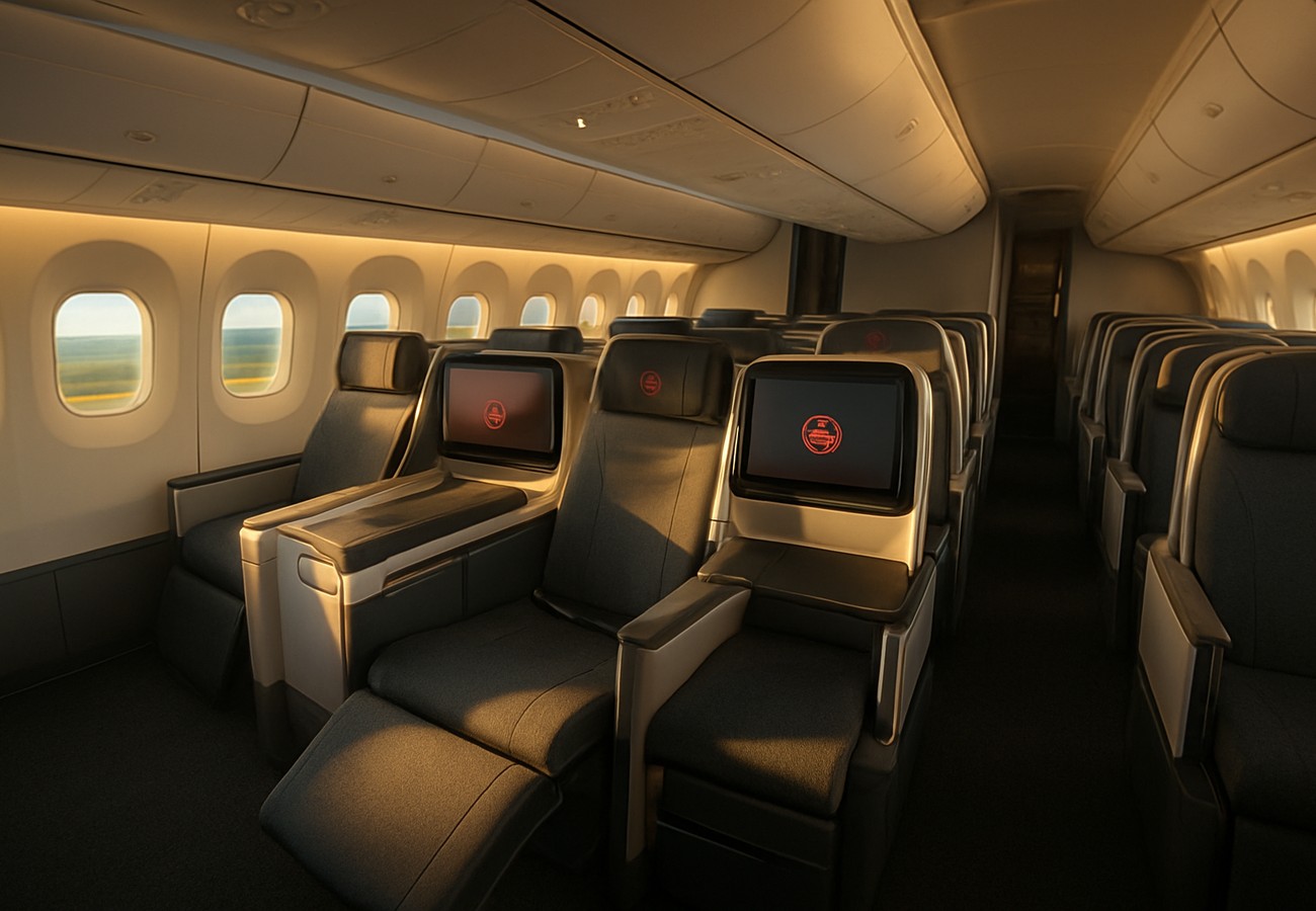 Air Canada Glowing Hearted cabin interior featuring lie-flat premium seats, 4K screens, and Canadian design elements