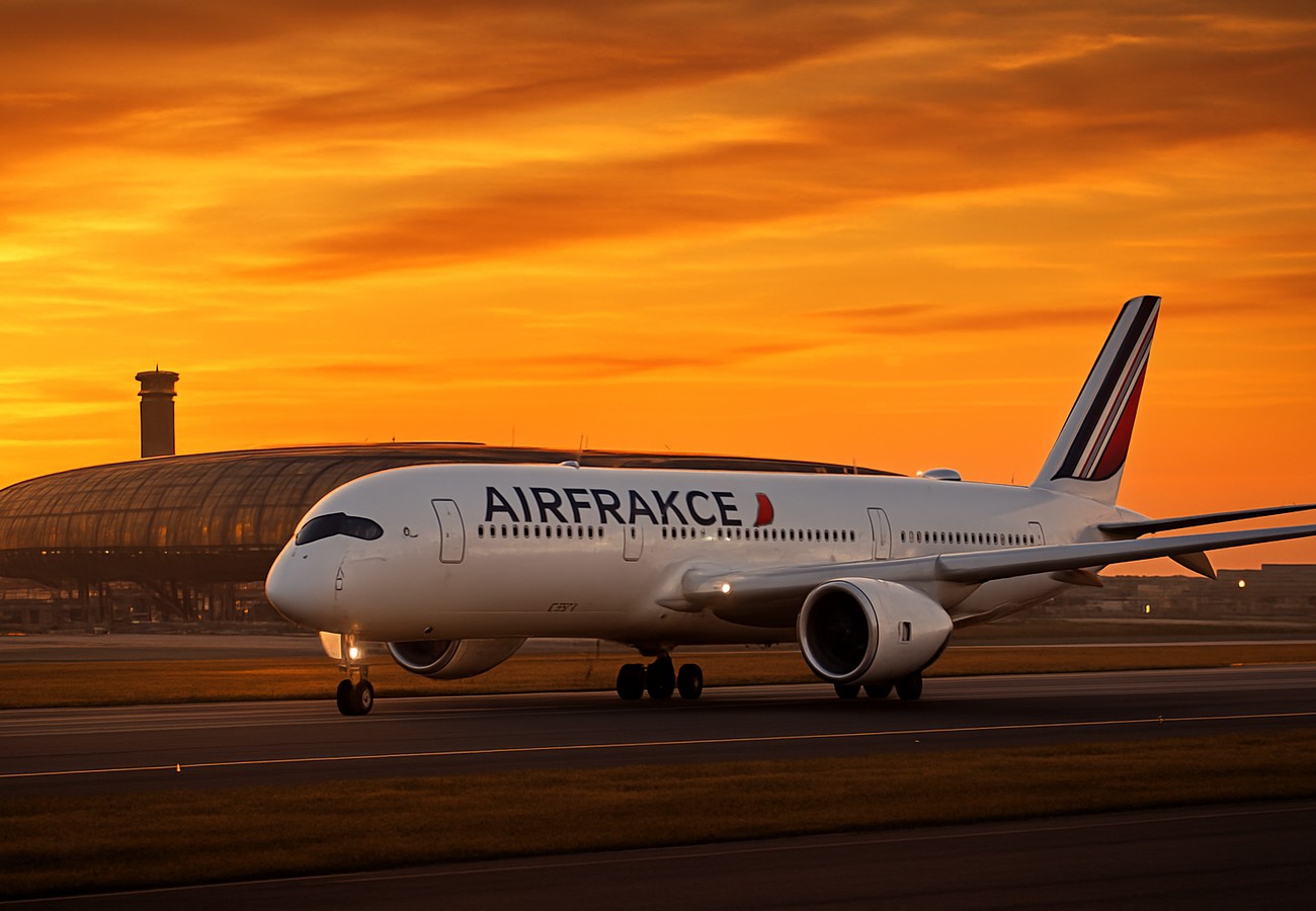 An Air France Airbus A350 taxiing at Paris Charles de Gaulle Airport at dusk with golden hour lighting and the CDG terminal in the background.