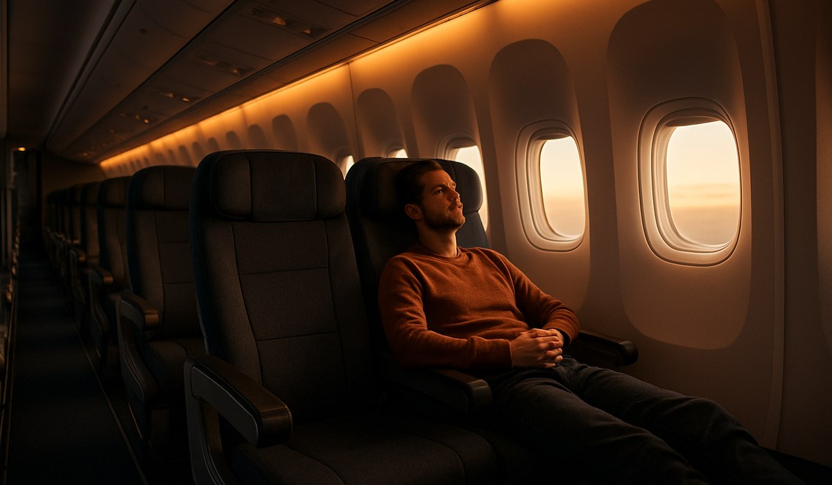 Modern aircraft economy cabin with innovative wide seats and enhanced recline features, 2026