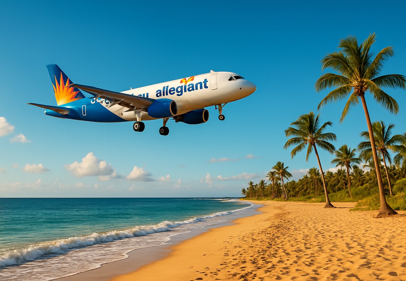 Allegiant Air aircraft with Tax Day promotion banner highlighting summer travel deals for loyalty members