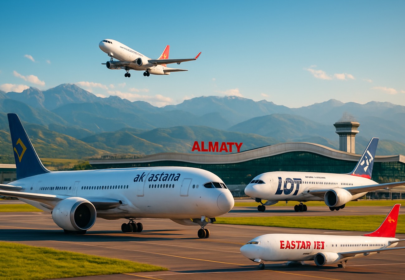 Almaty International Airport terminal with aircraft on tarmac, representing 2026 expansion