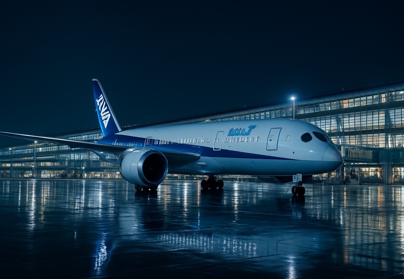 An All Nippon Airways Boeing 787 Dreamliner parked at Tokyo Haneda Airport at night with the illuminated terminal reflected on the wet tarmac.