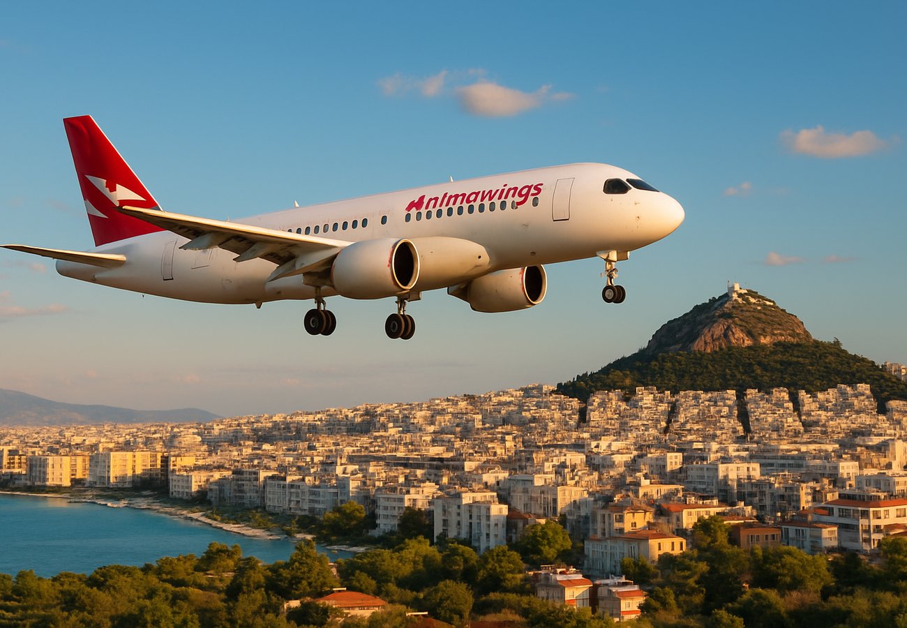 Animawings Airbus A220-300 aircraft flying over European landmarks during sunset