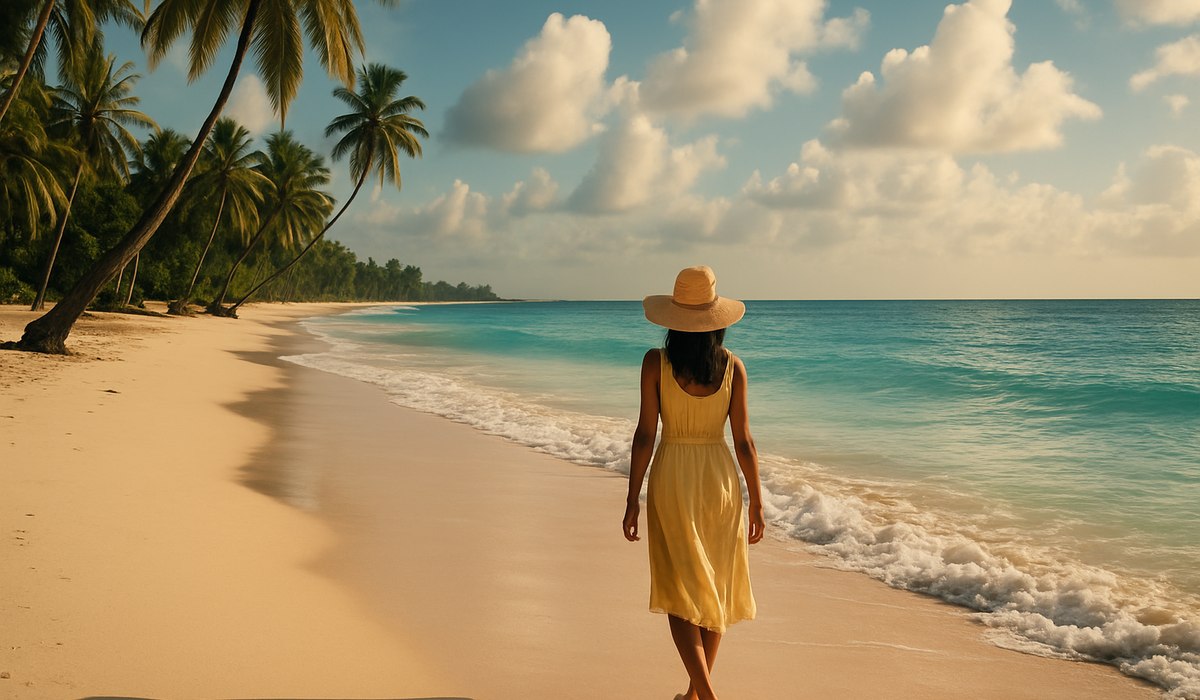 Barbados beach with tourists enjoying the sun