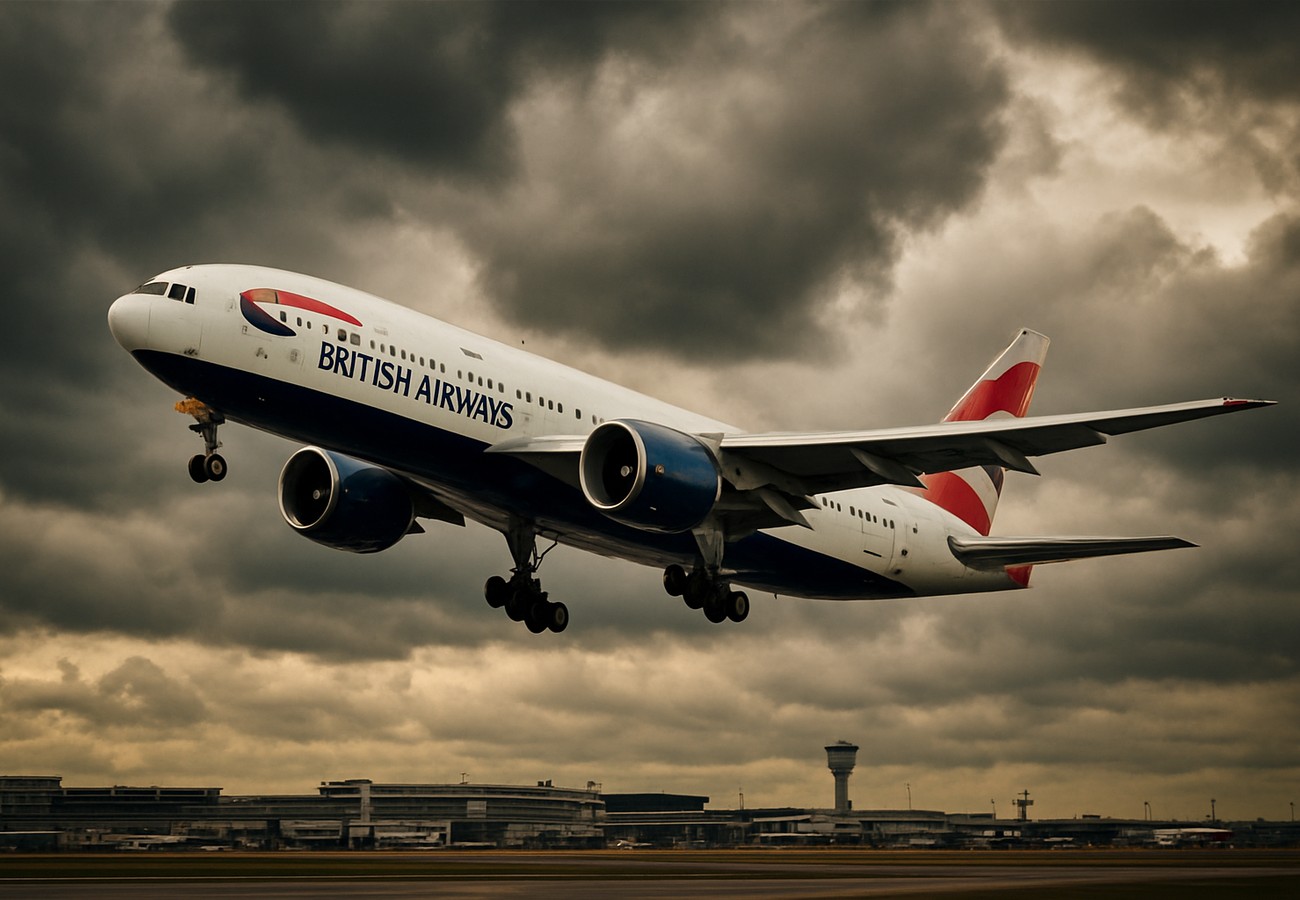 A British Airways Boeing 777 taking off from London Heathrow against a dramatic UK sky.
