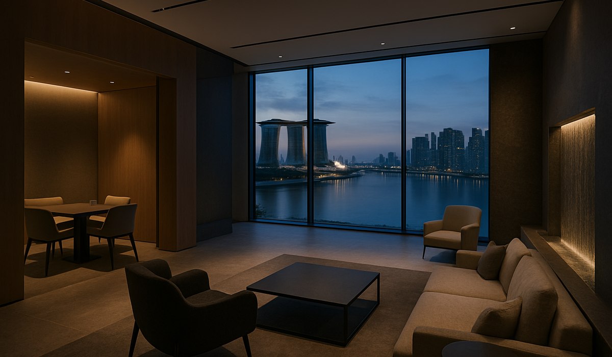 Changi Airport premium terminal luxury lounge with private suites and waterfall feature, Singapore 2026