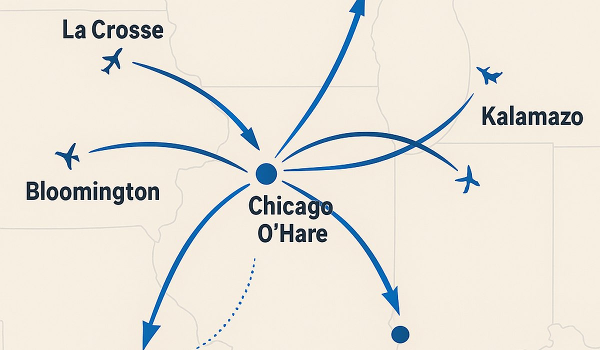 Midwest regional airports connecting through Chicago hub with route maps and passenger flow visualization