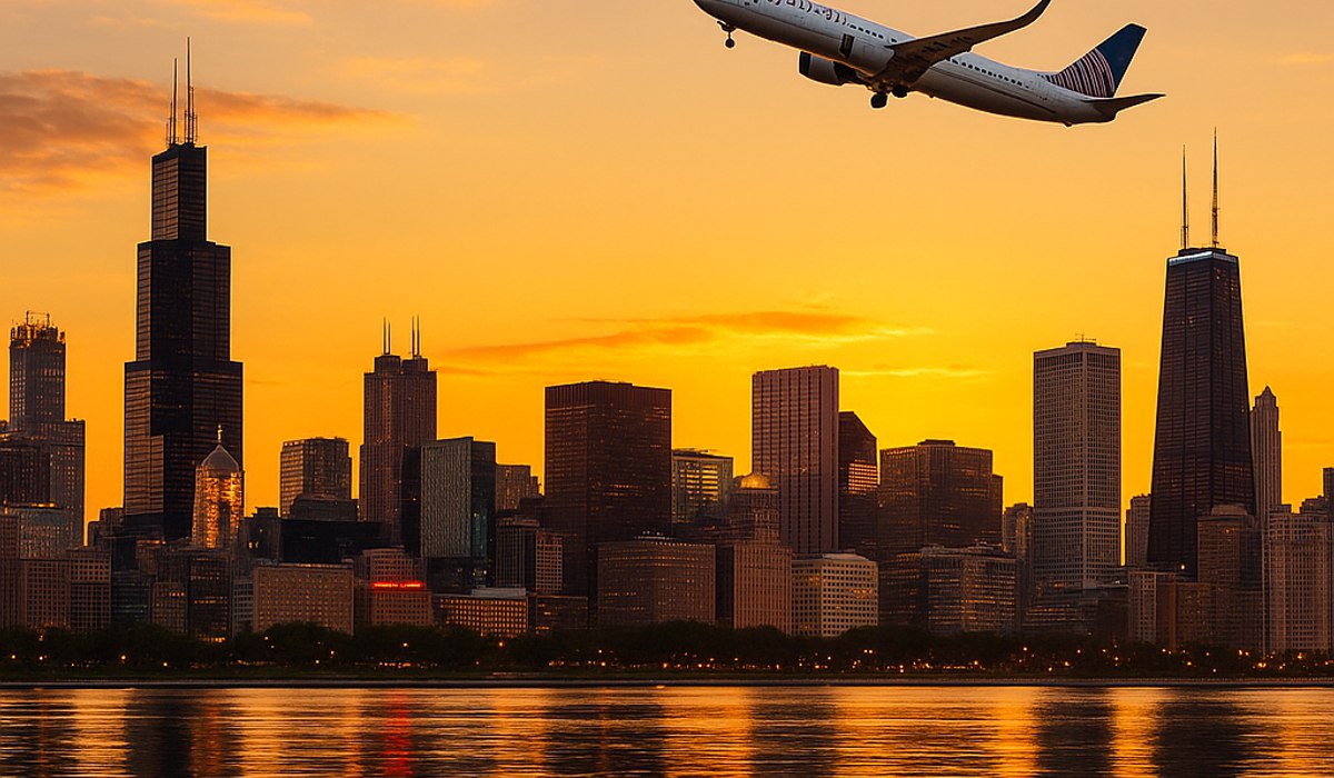 Chicago skyline at sunset with Lake Michigan and O'Hare airport connectivity in the background