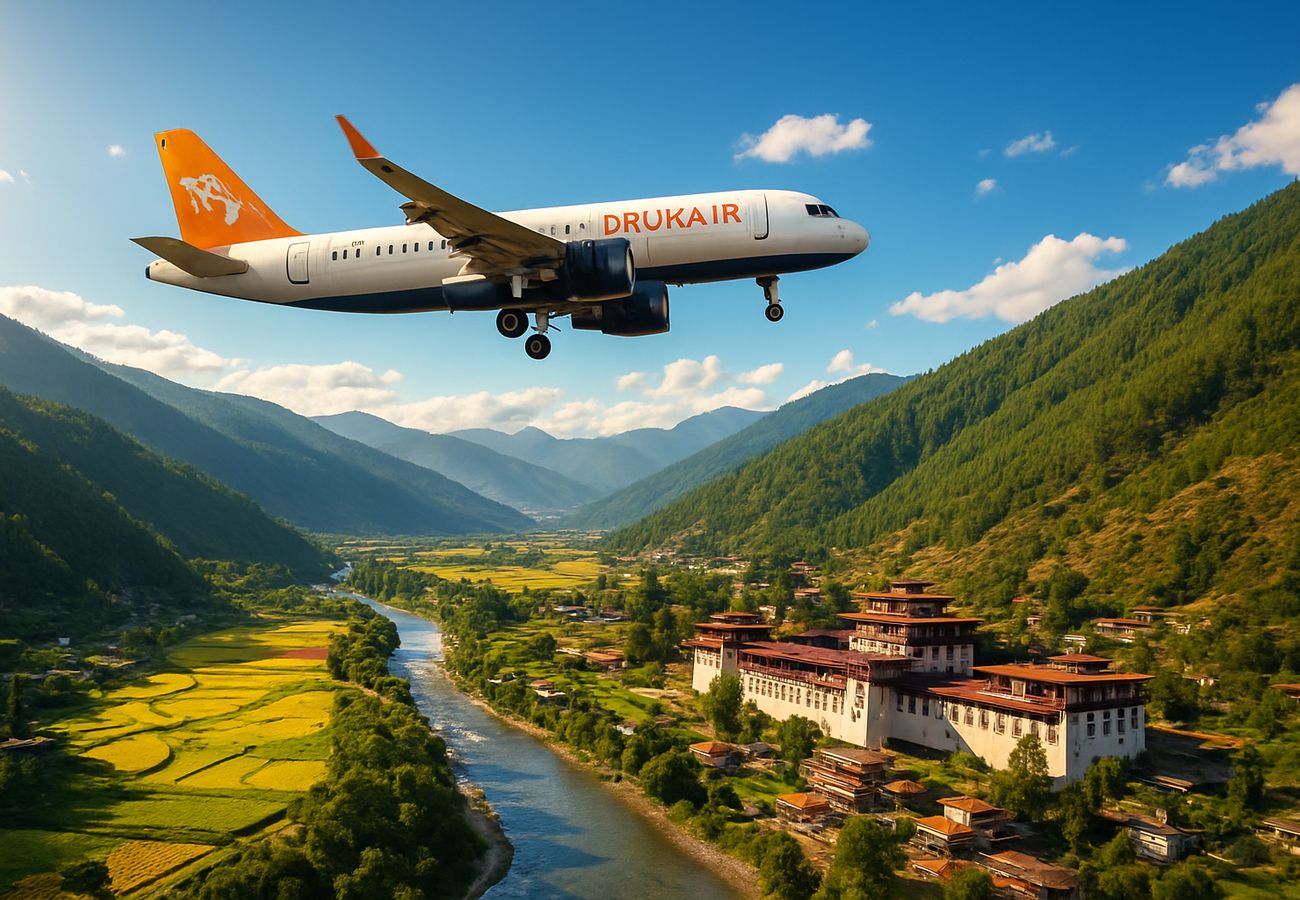 Drukair aircraft on tarmac at Paro International Airport with Himalayan mountains in background