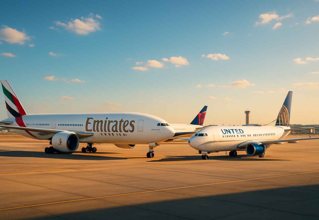 Emirates Boeing 777X aircraft in flight over Dubai skyline, representing record 2025 aviation industry profitability