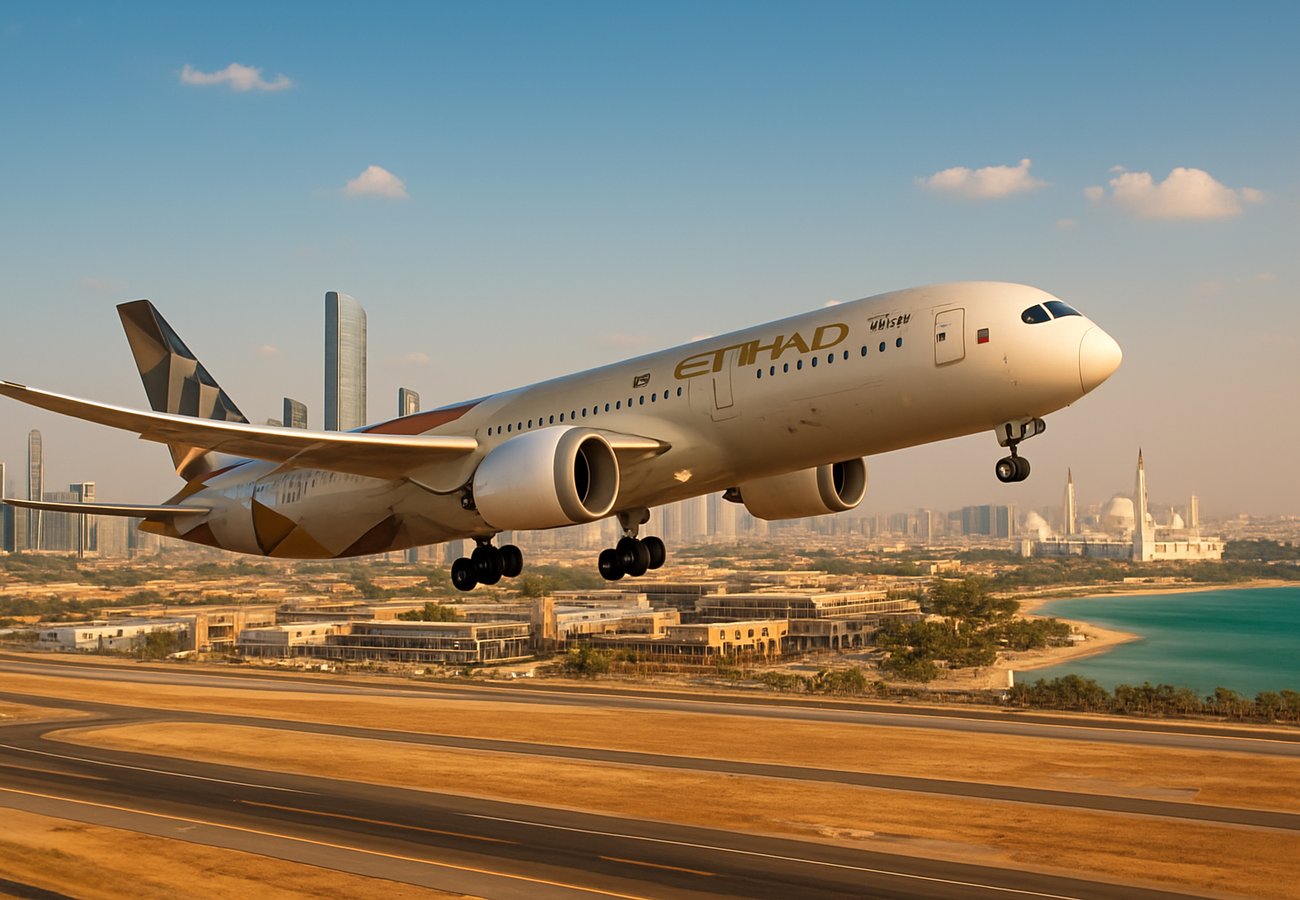 Etihad Airways aircraft at Abu Dhabi terminal with global destination map overlay