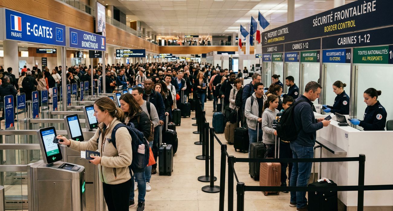 Border control checkpoint at major European airport implementing biometric facial recognition scanning for American travelers