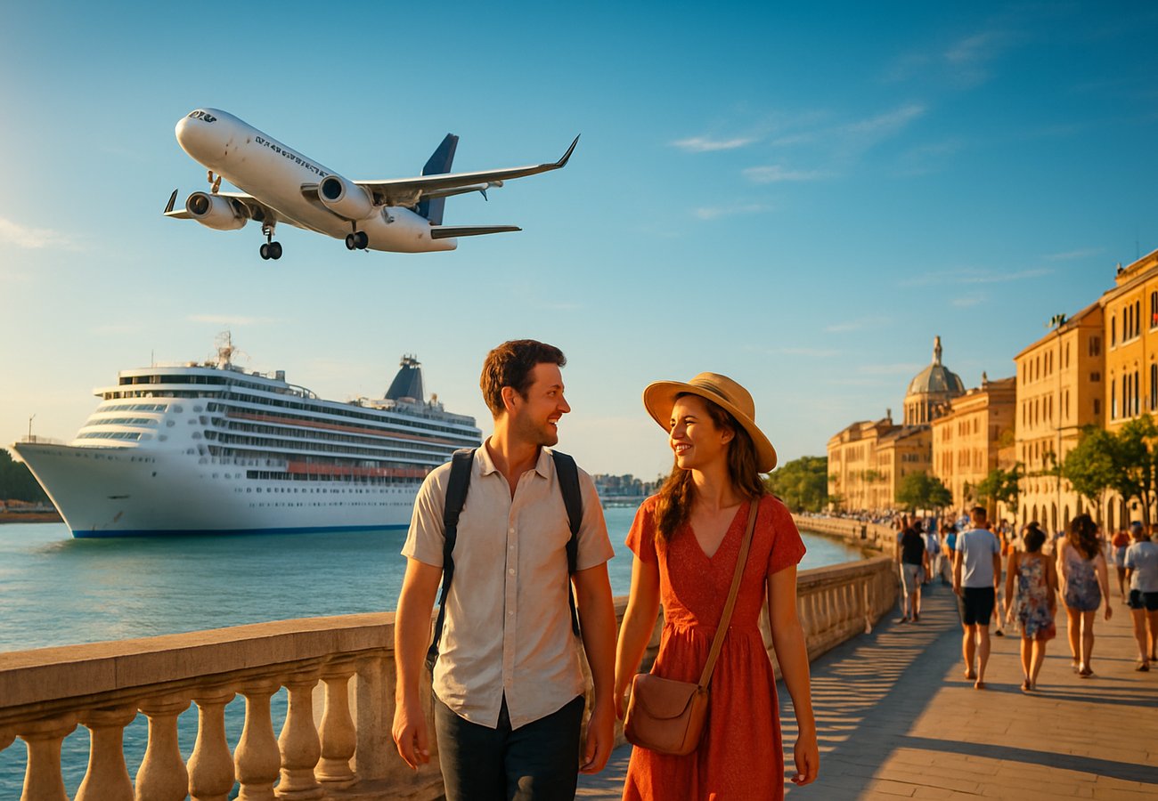 Crowded airport terminal with flight information displays showing cancellations and delays