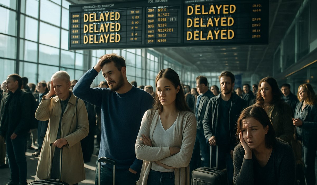 Crowded airport terminal with delayed flight information displays, 2026