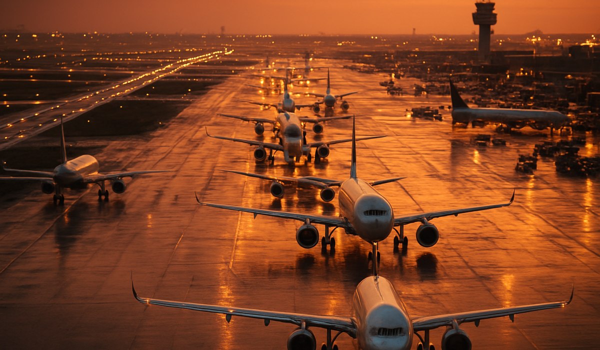 Crowded airport terminal during flight delays, 2026