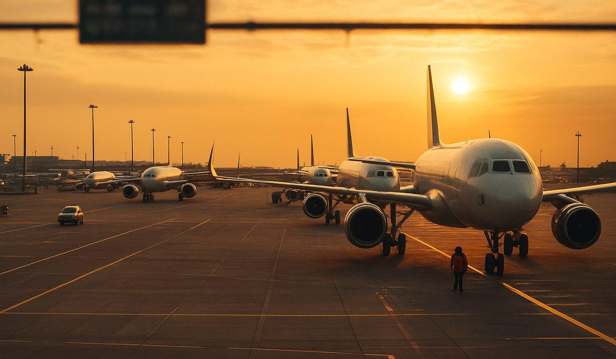 Airport terminal with delayed flight information displayed, representing 2026 aviation disruption costs