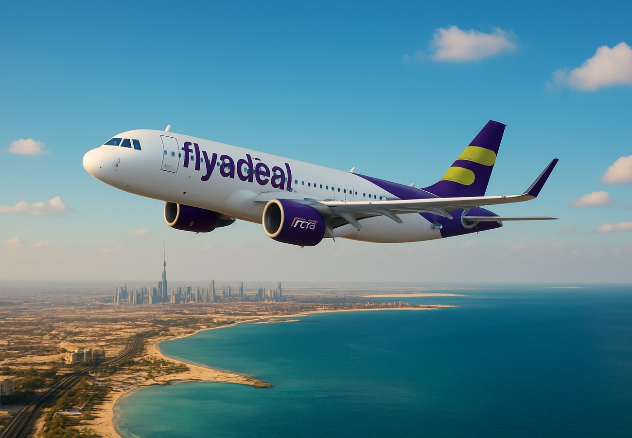 Flyadeal Airbus A320neo aircraft on tarmac at Dubai International Airport with Saudi and UAE flags