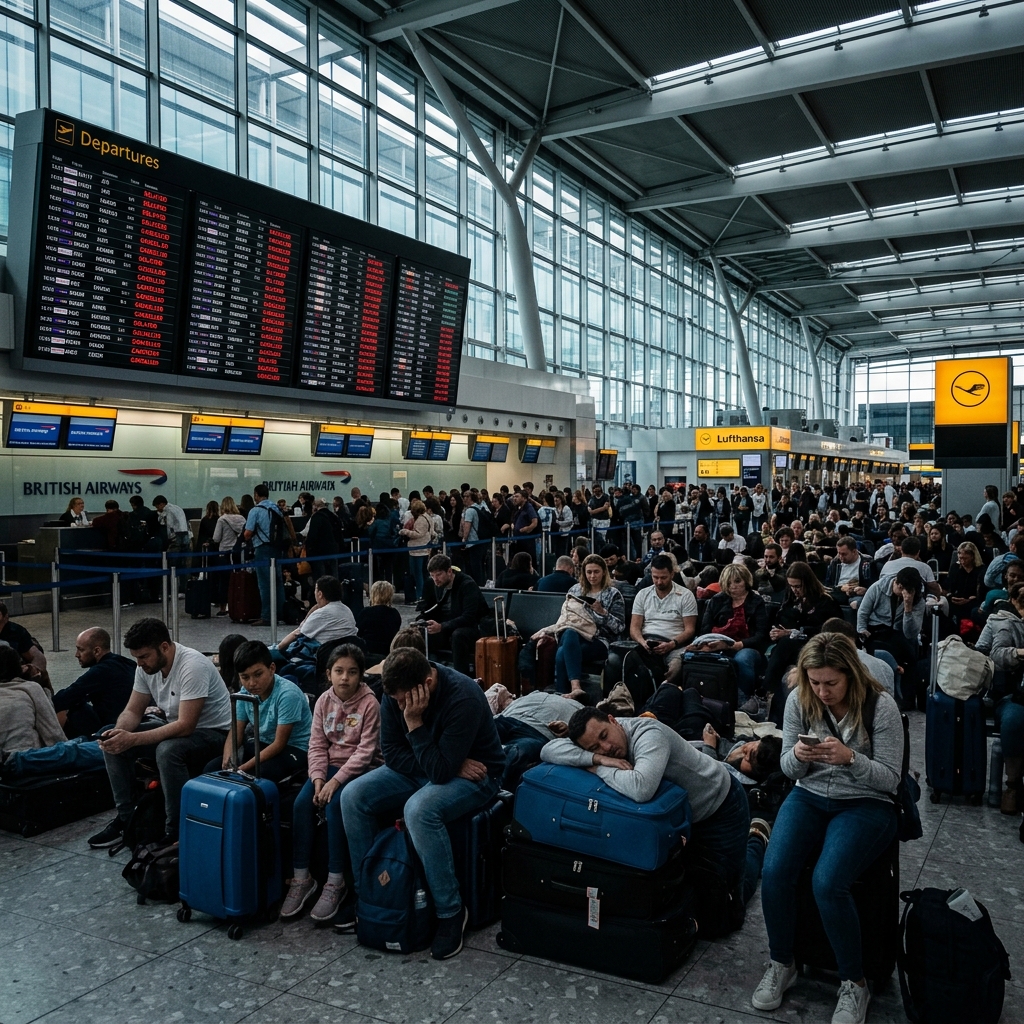 Heathrow Airport terminal with delayed flight boards and stranded passengers, 2026