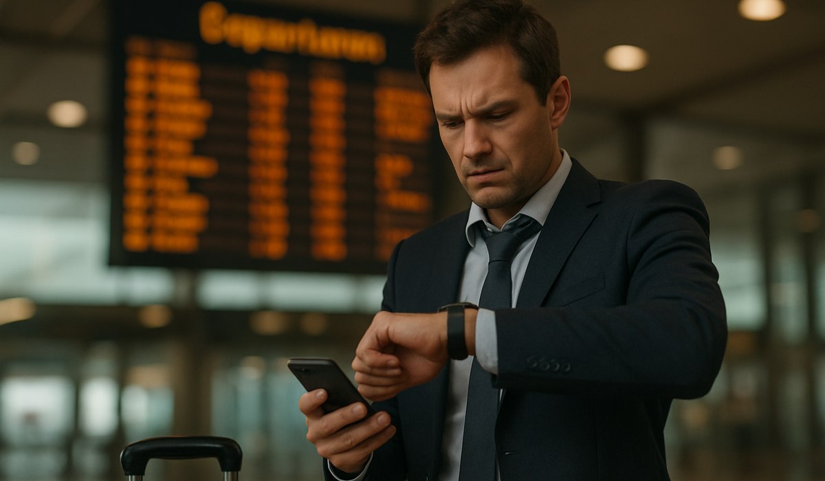 Crowded airport terminal with delayed flight board, travelers waiting, 2026