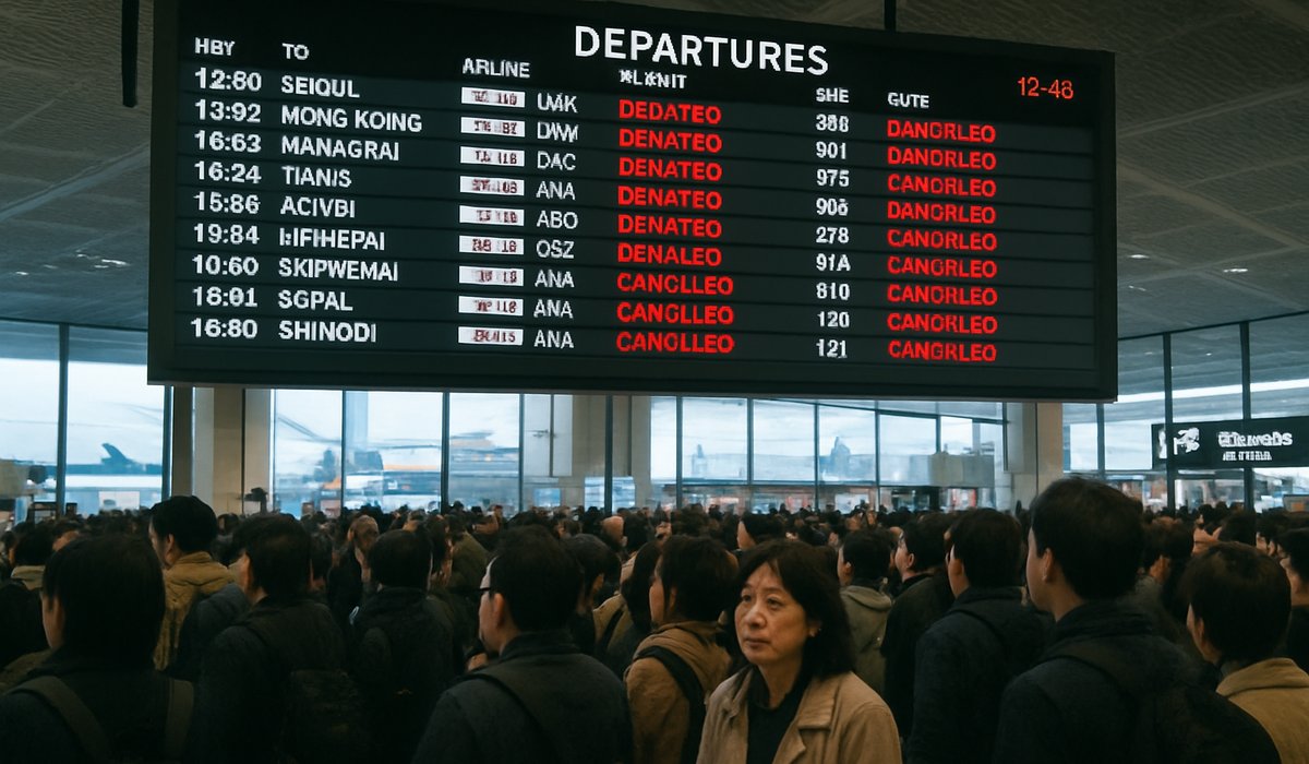 Tokyo Haneda airport terminal with departure boards showing flight delays and cancellations for Japan Airlines and ANA