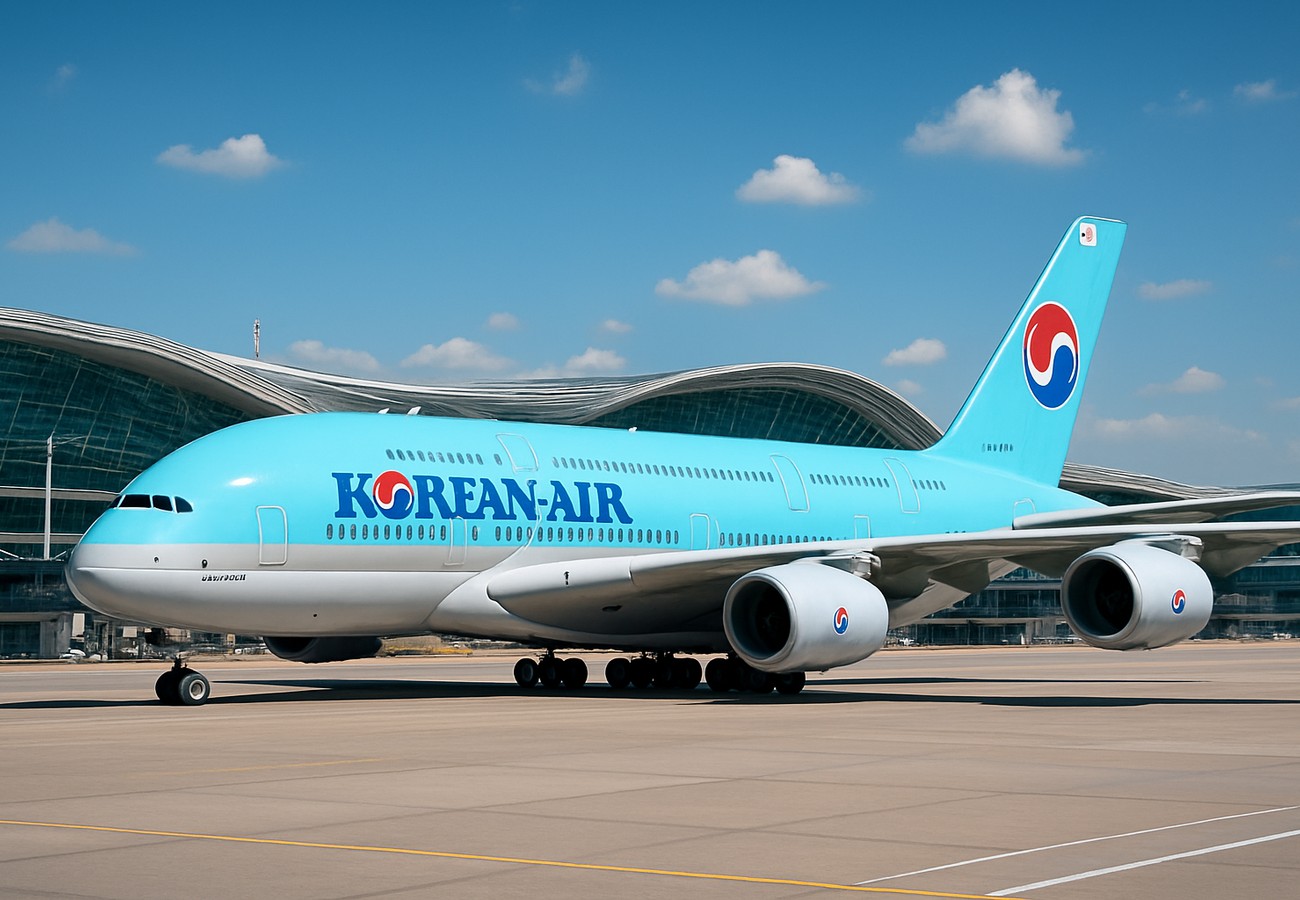 A Korean Air Airbus A380 gleaming on the tarmac at Incheon International Airport under a bright blue sky.