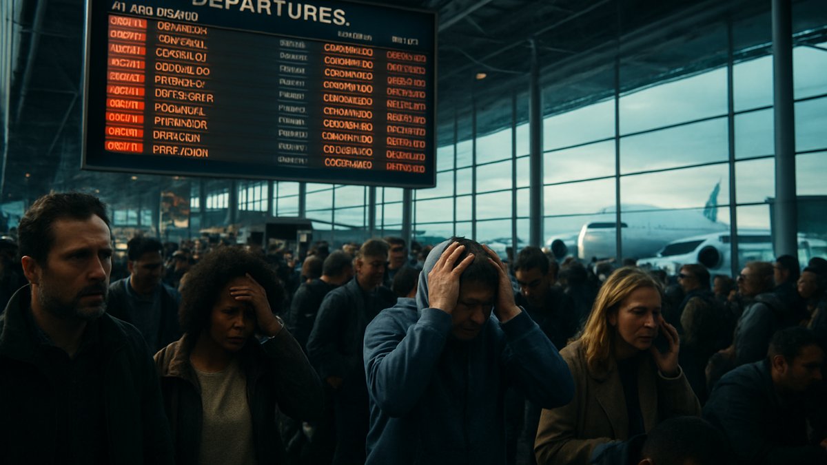 Crowded airport terminal with delayed flight information displays showing cancellations