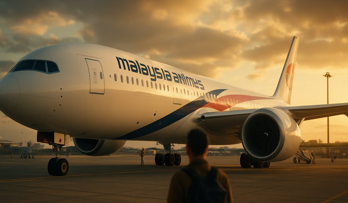 Malaysia Airlines aircraft at Kuala Lumpur International Airport with modern terminal in background