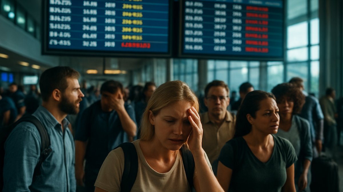 Crowded Miami International Airport terminal with delayed flight information displays showing cancellations and delays