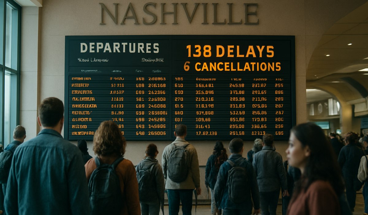 Nashville International Airport terminal exterior with aircraft on approach