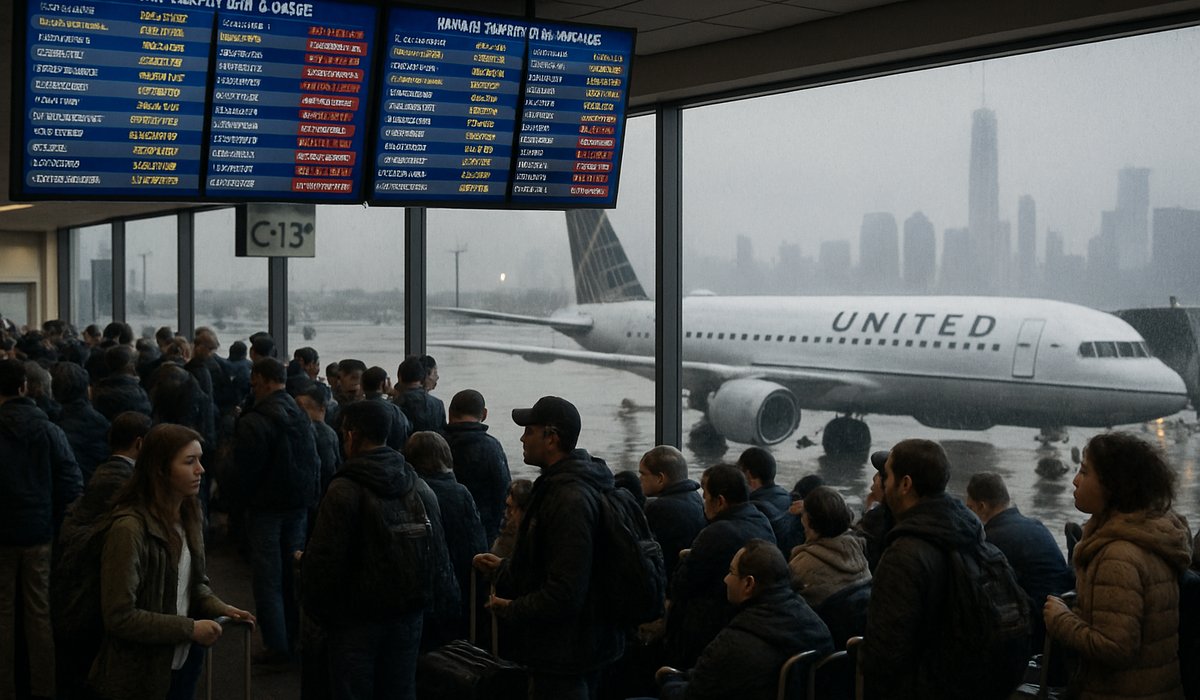 A busy terminal at Newark Liberty International Airport with an electronic board showing delayed flights