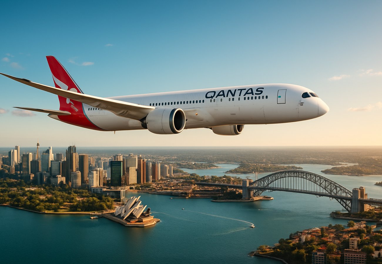 Boeing 787-9 Dreamliner aircraft in Qantas livery on runway at Sydney Airport