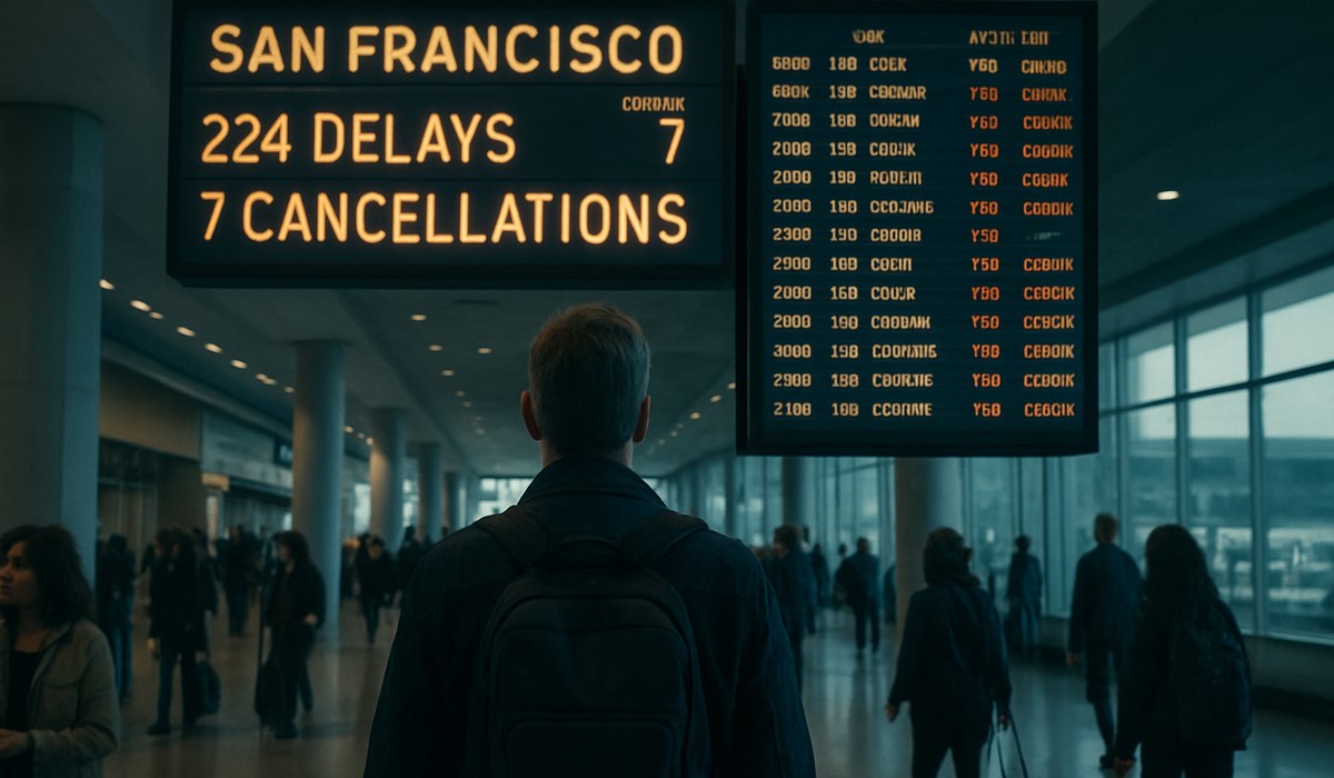 San Francisco International Airport (SFO) terminal exterior with Bay Bridge visible in background
