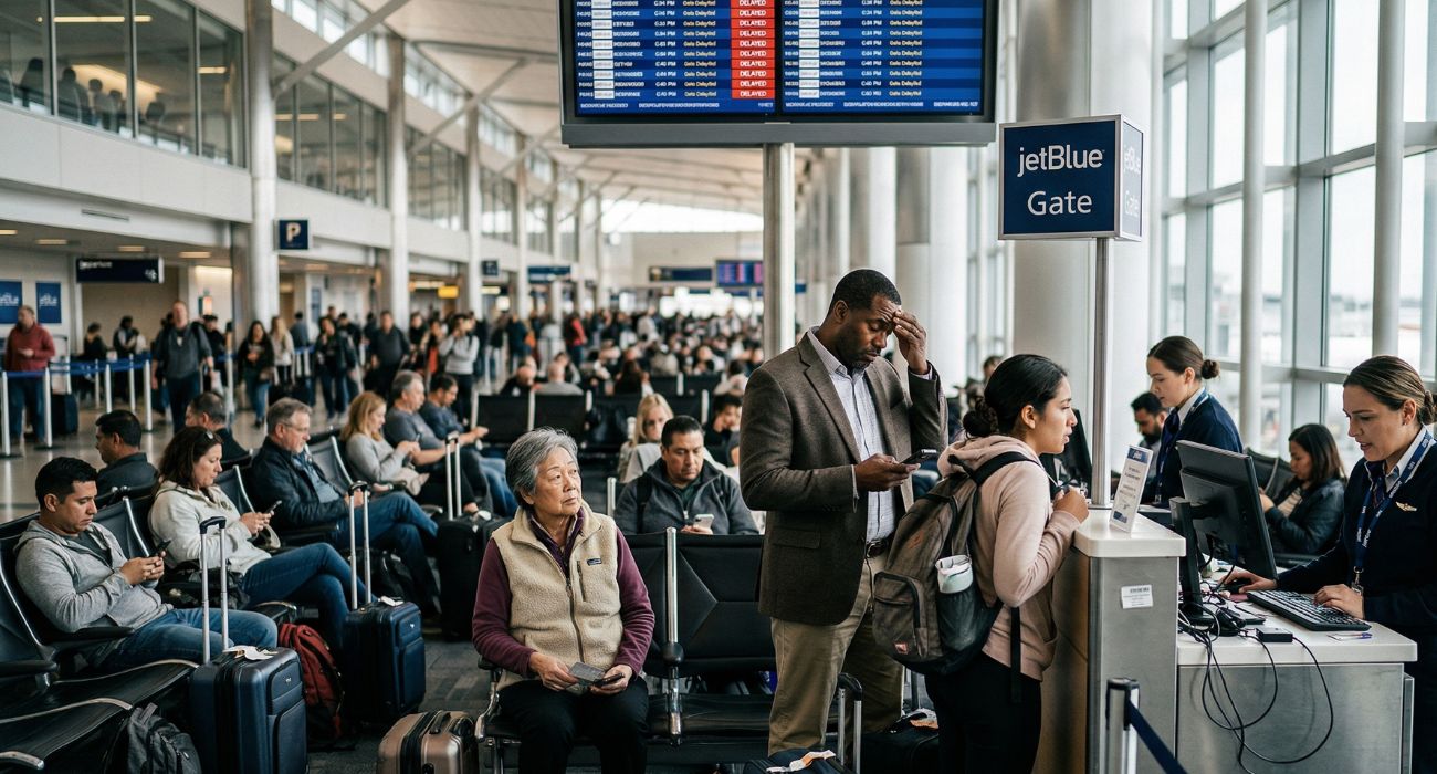 San Jose Mineta International Airport departure board showing flight delays