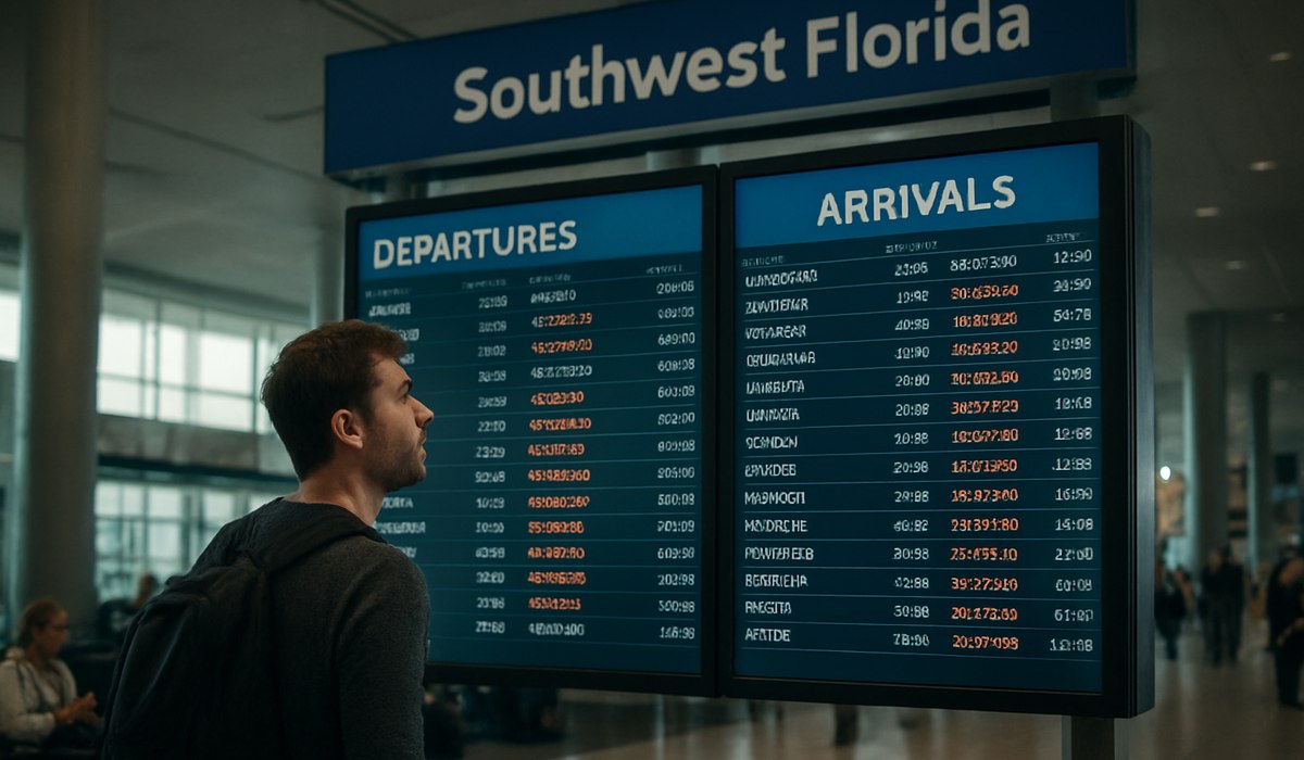 Southwest Florida International Airport terminal with tropical palm trees and parked aircraft
