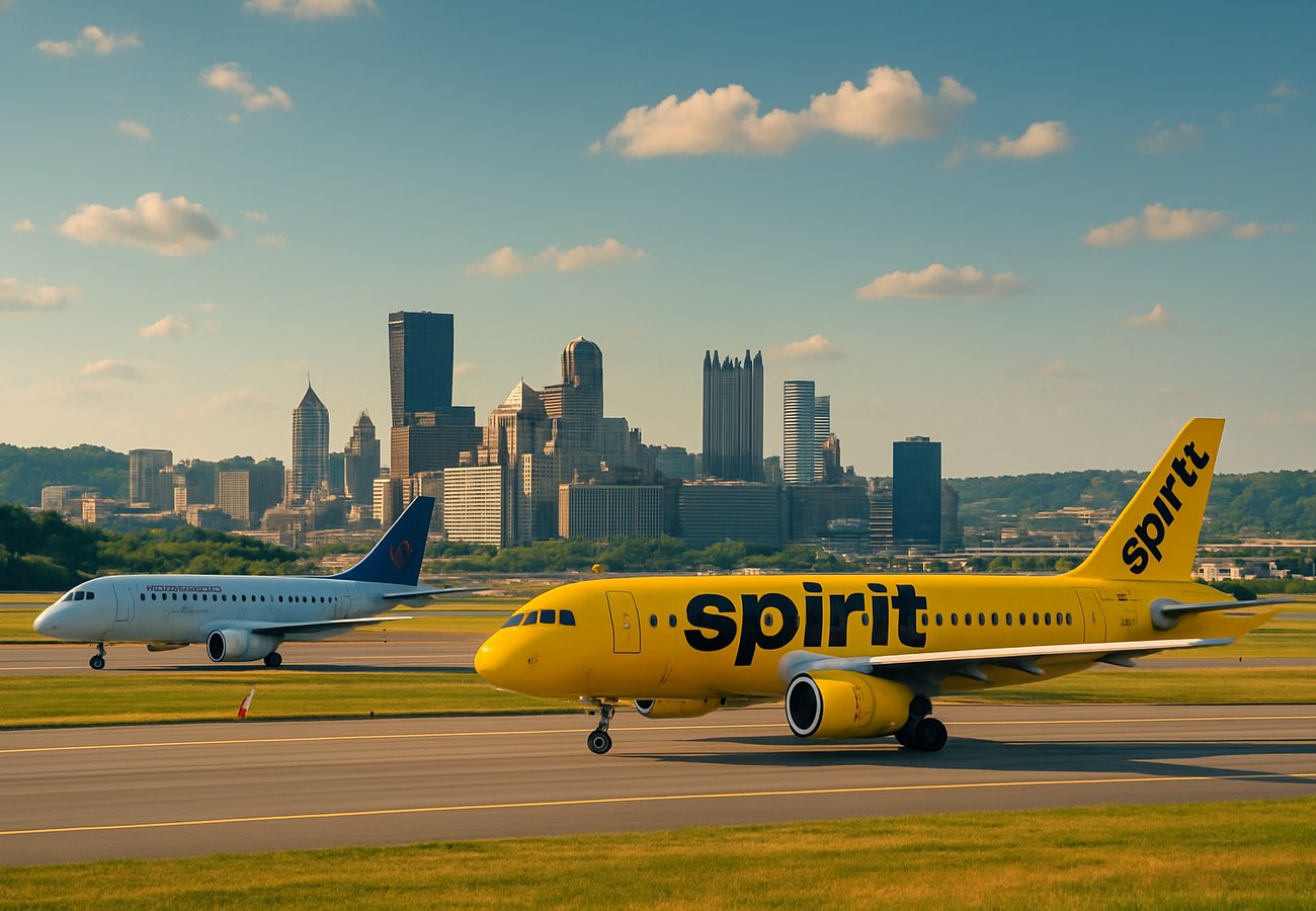 Pittsburgh International Airport terminal with flight information displays showing cancellations and delays