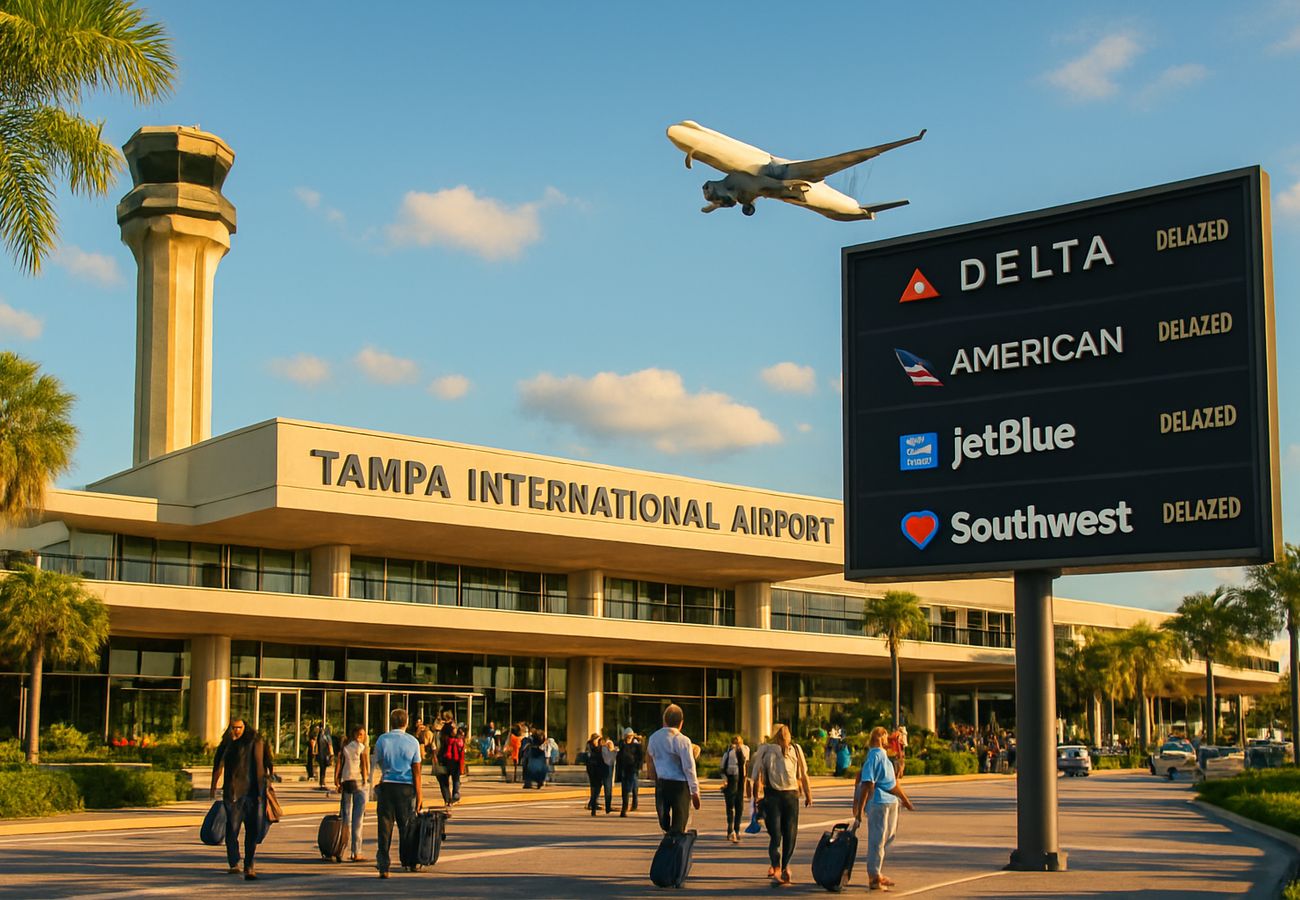 Tampa International Airport terminal with flight information displays showing delays and cancellations